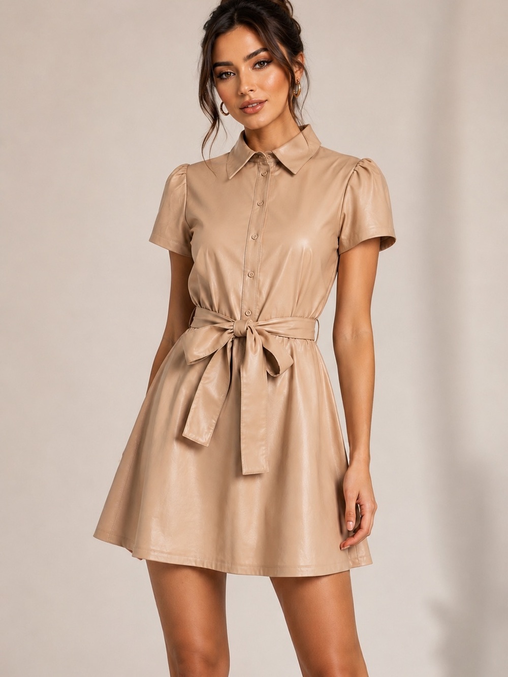 Alice + Olivia Carolyn Faux Leather Shirt Dress NWT Size 10 Beige